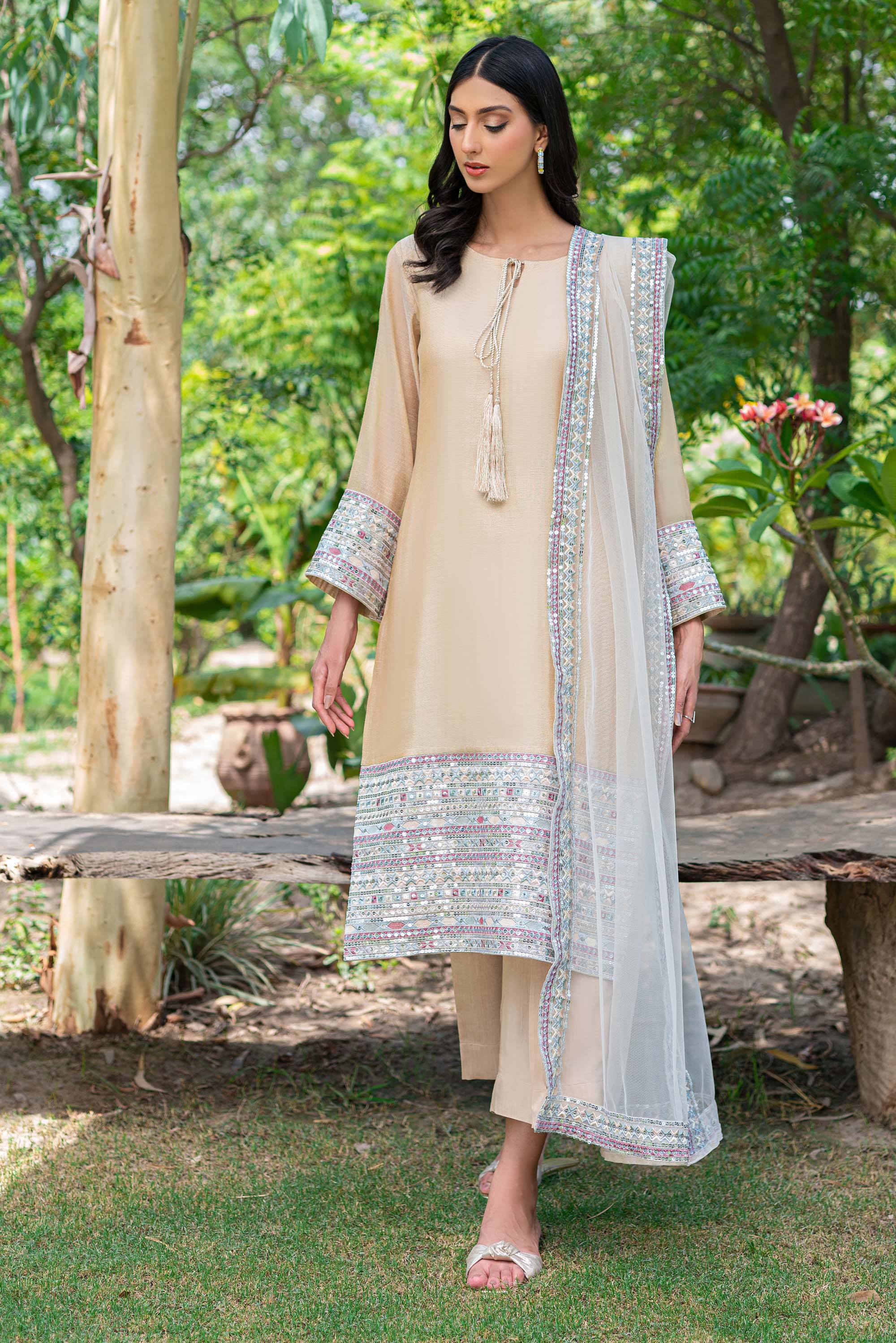 Pakistani Nude Embroidered Cotton Net Salwar Kameez (3-Piece) - Image 2