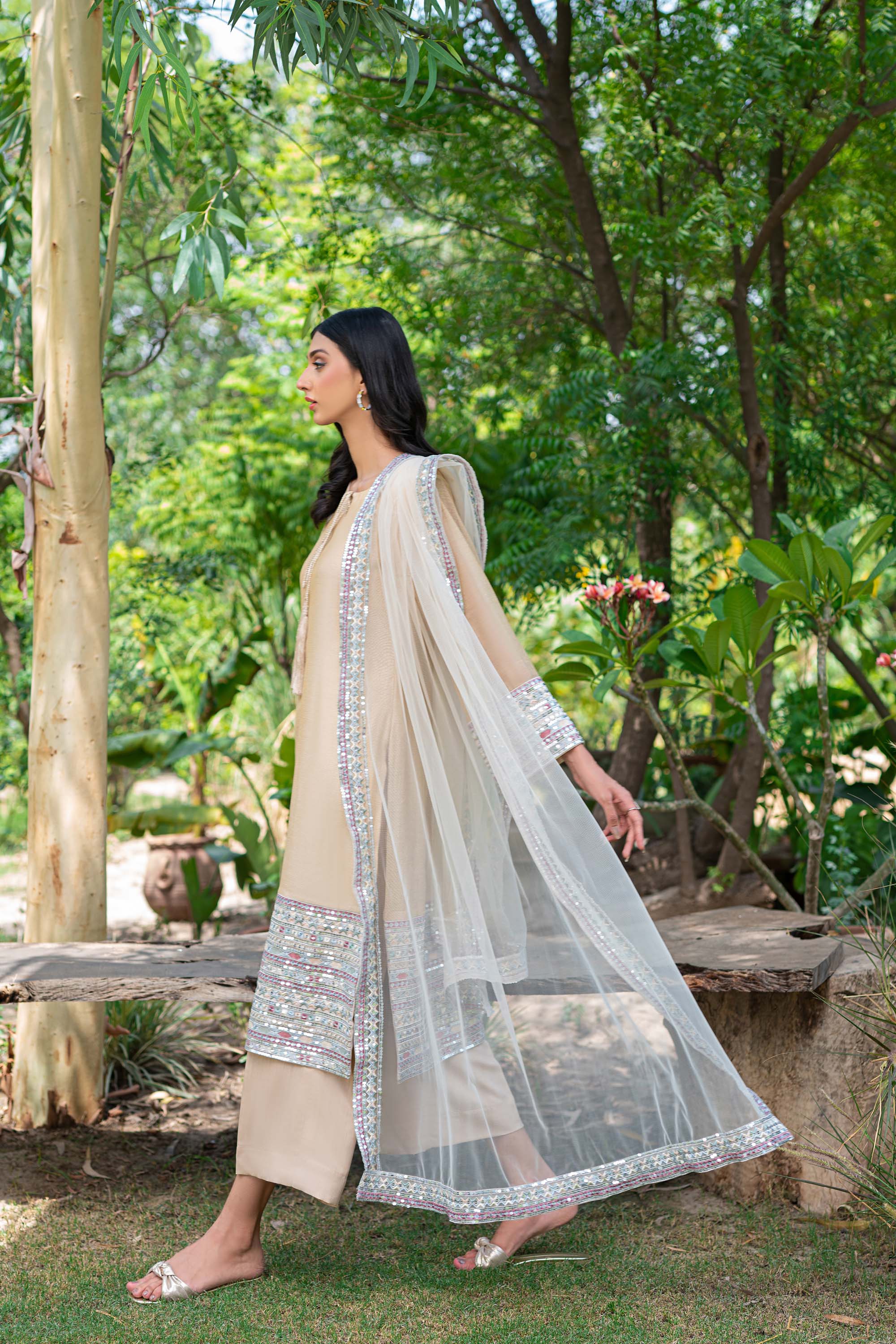 Pakistani Nude Embroidered Cotton Net Salwar Kameez (3-Piece) - Image 4