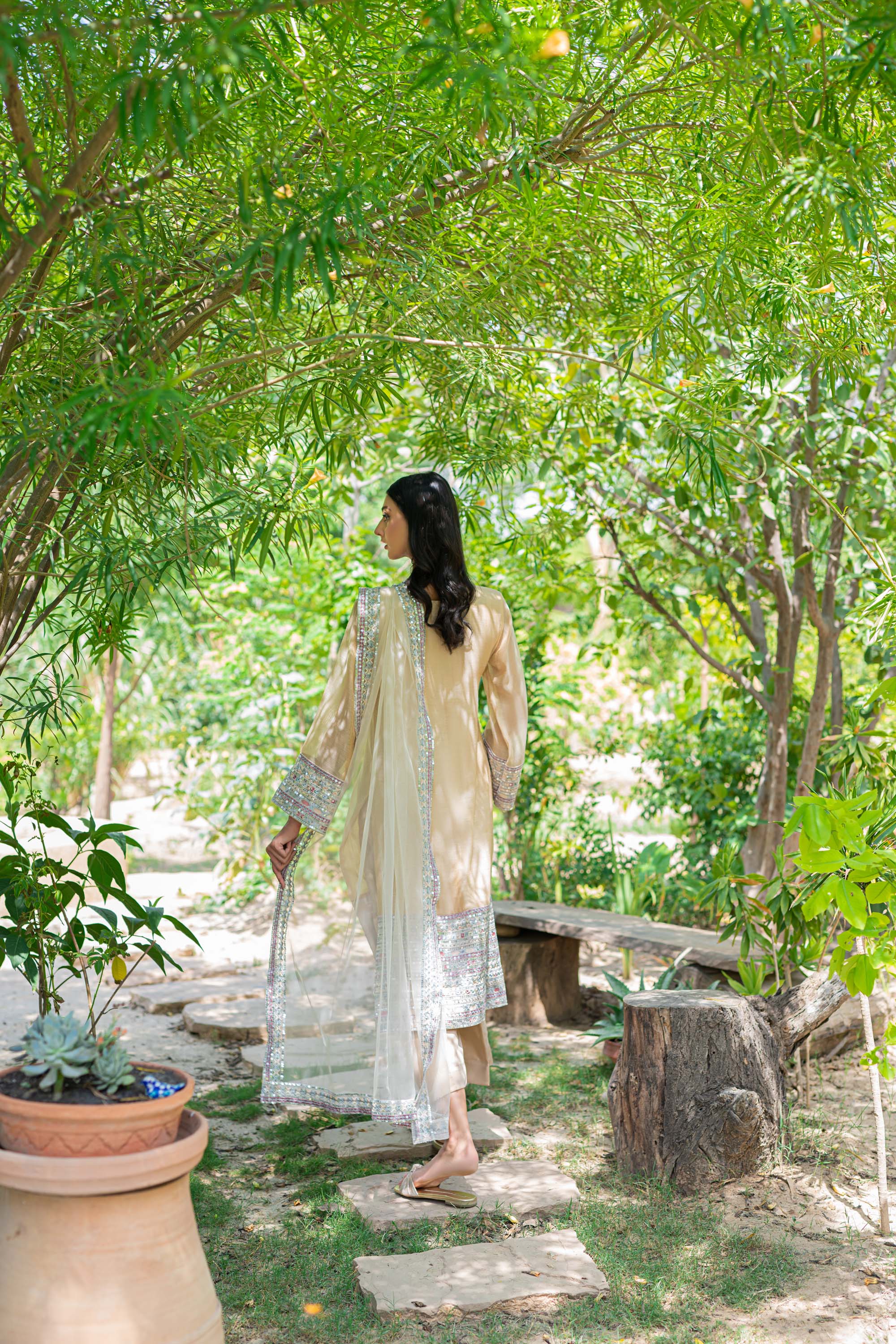 Pakistani Nude Embroidered Cotton Net Salwar Kameez (3-Piece) - Image 9