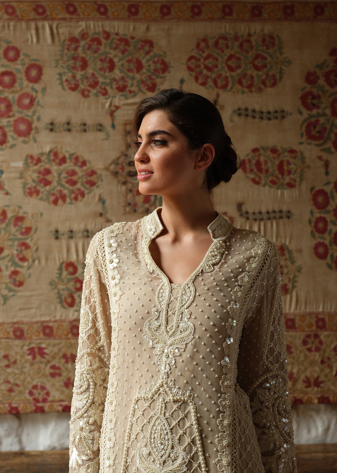 Beige Pearl Embellished Cotton Net Kali Kurta (2-Piece) - Image 2
