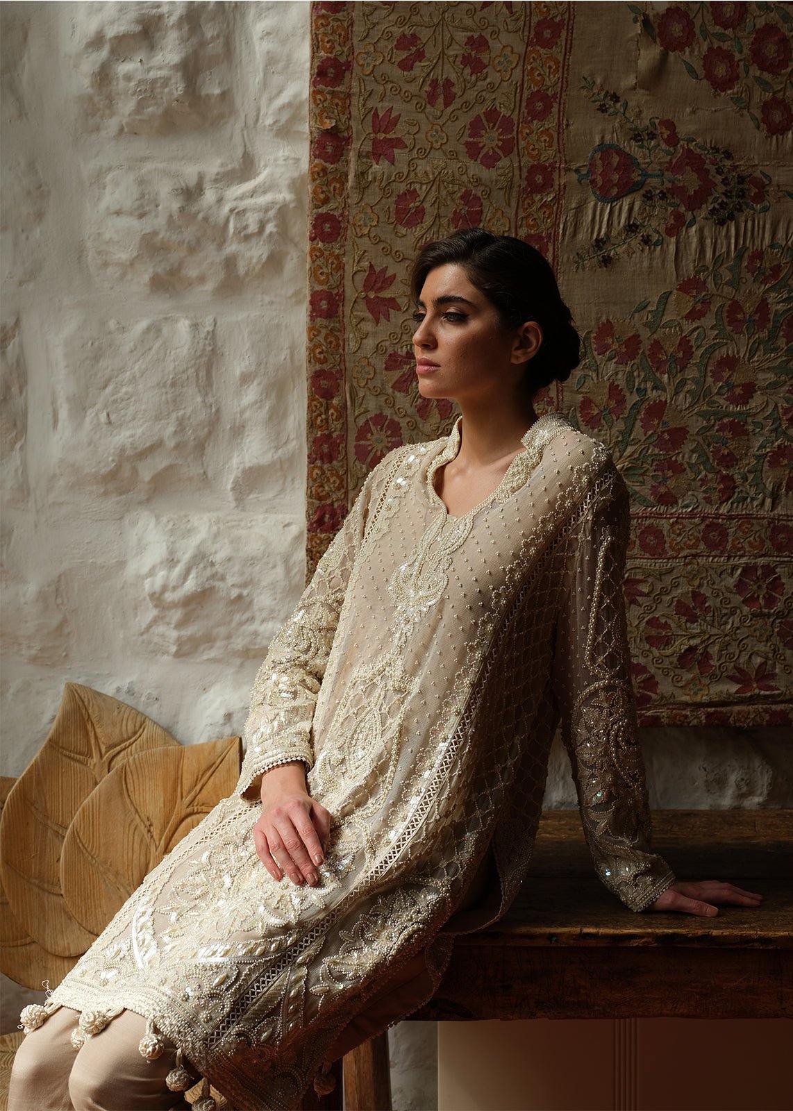 Beige Pearl Embellished Cotton Net Kali Kurta (2-Piece) - Image 3