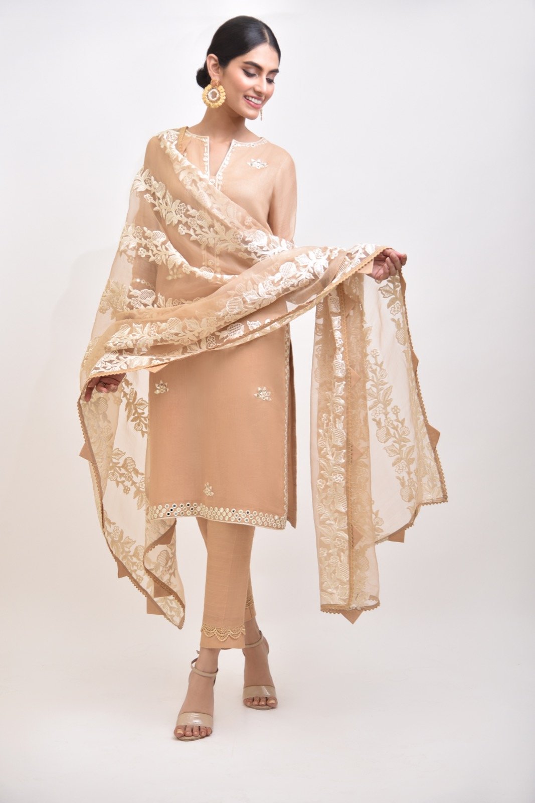 Pakistani Deep Beige Sheesha Work Cotton Net Salwar Kameez (3-Piece) - Image 2