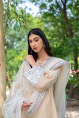 Nude Embroidered Cotton Net Salwar Kameez (3-Piece) - Image 3