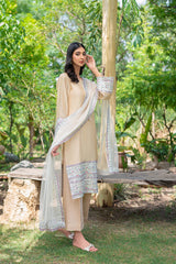 Nude Embroidered Cotton Net Salwar Kameez (3-Piece) - Image 5