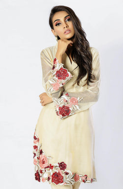 Beige Multi-Floral Cotton Net Salwar Kameez (2-Piece) - Image 1