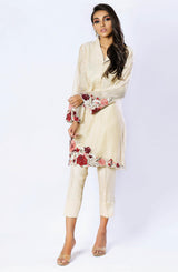 Beige Multi-Floral Cotton Net Salwar Kameez (2-Piece) - Image 3