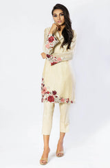 Beige Multi-Floral Cotton Net Salwar Kameez (2-Piece) - Image 6