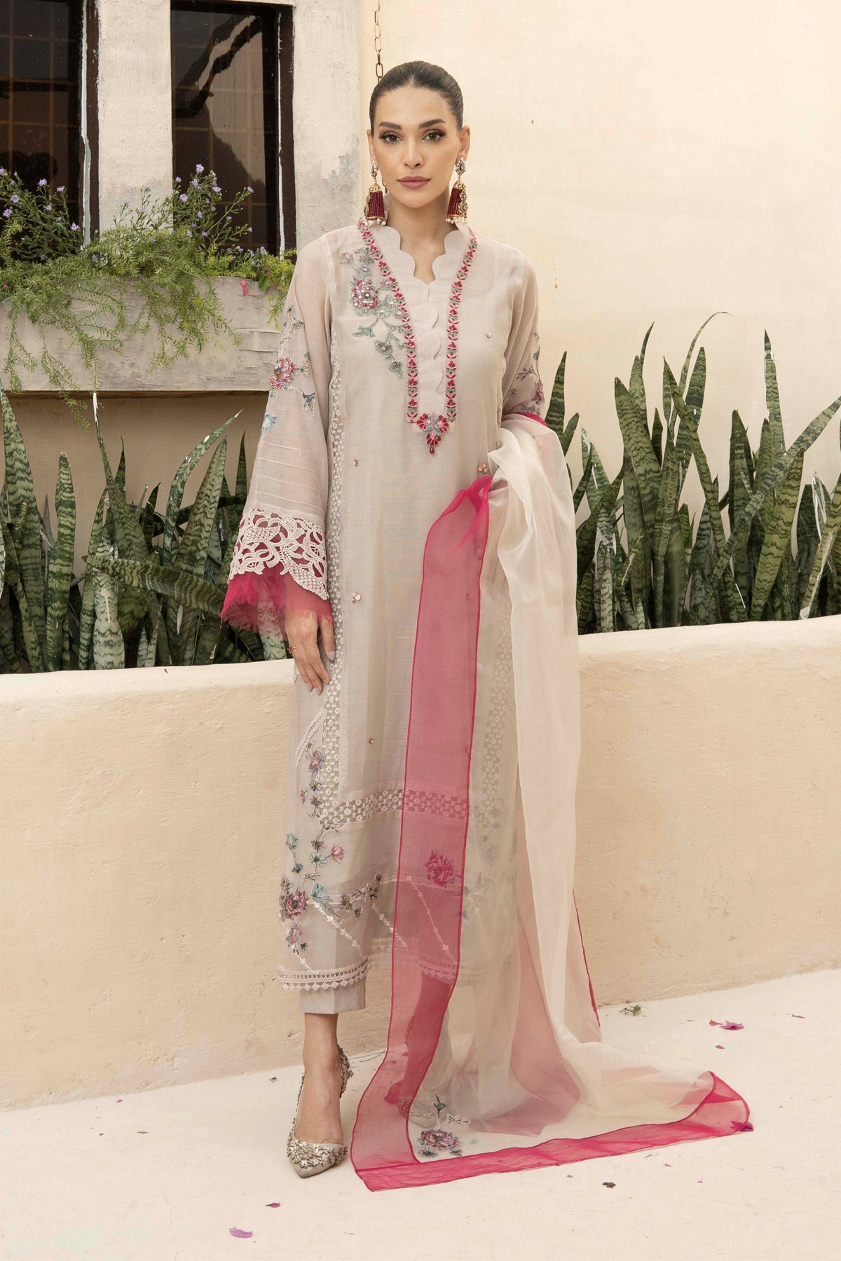Beige Embroidered Cotton Net Salwar Kameez (3-Piece) - Image 1