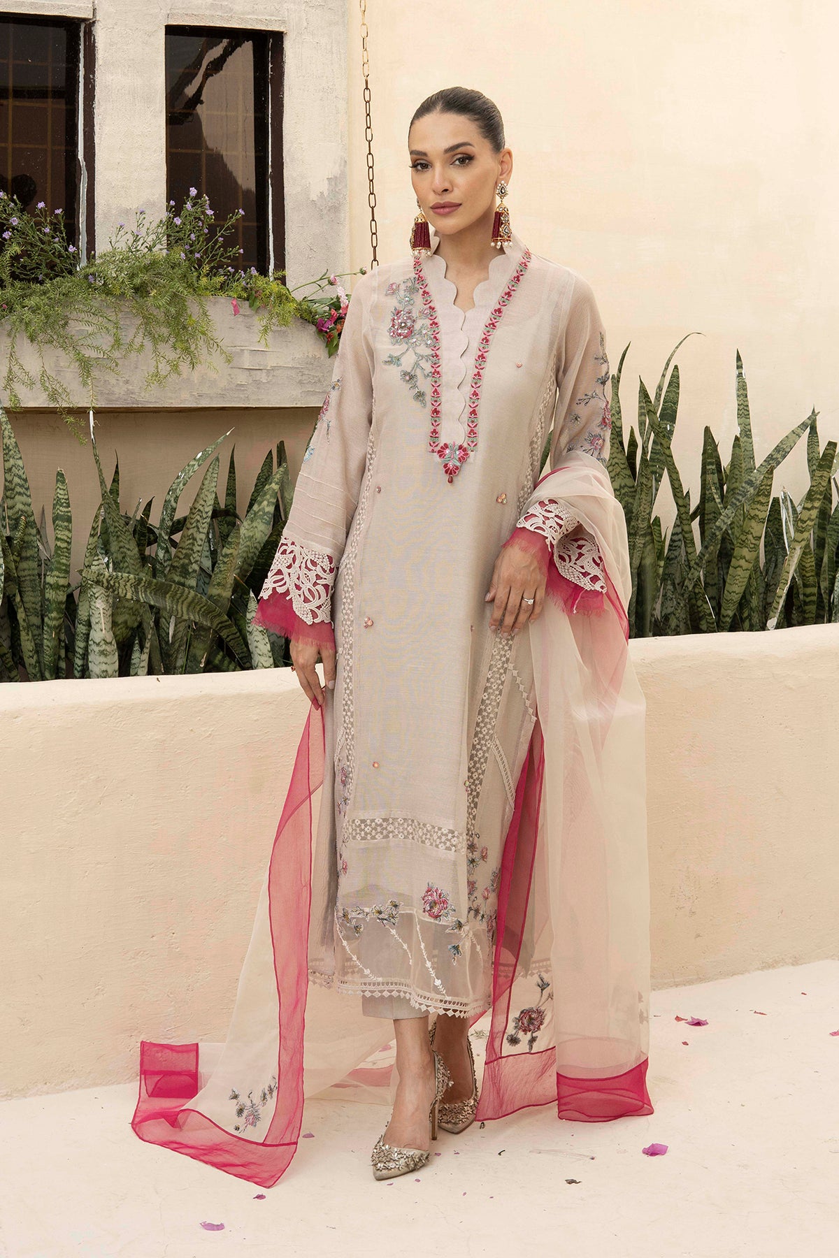 Beige Embroidered Cotton Net Salwar Kameez (3-Piece) - Image 2