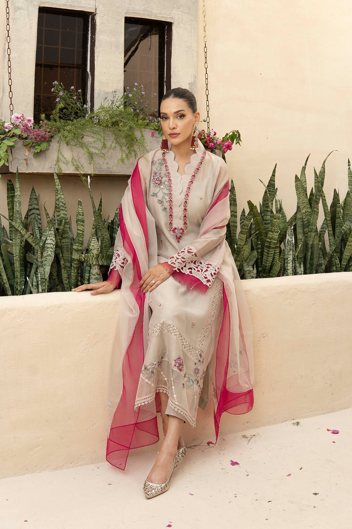 Beige Embroidered Cotton Net Salwar Kameez (3-Piece) - Image 3
