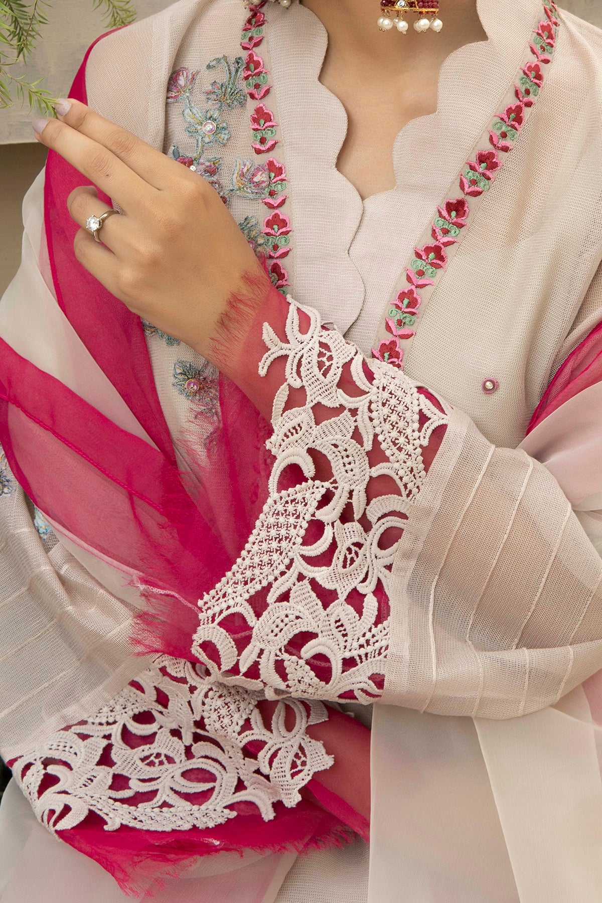 Beige Embroidered Cotton Net Salwar Kameez (3-Piece) - Image 4