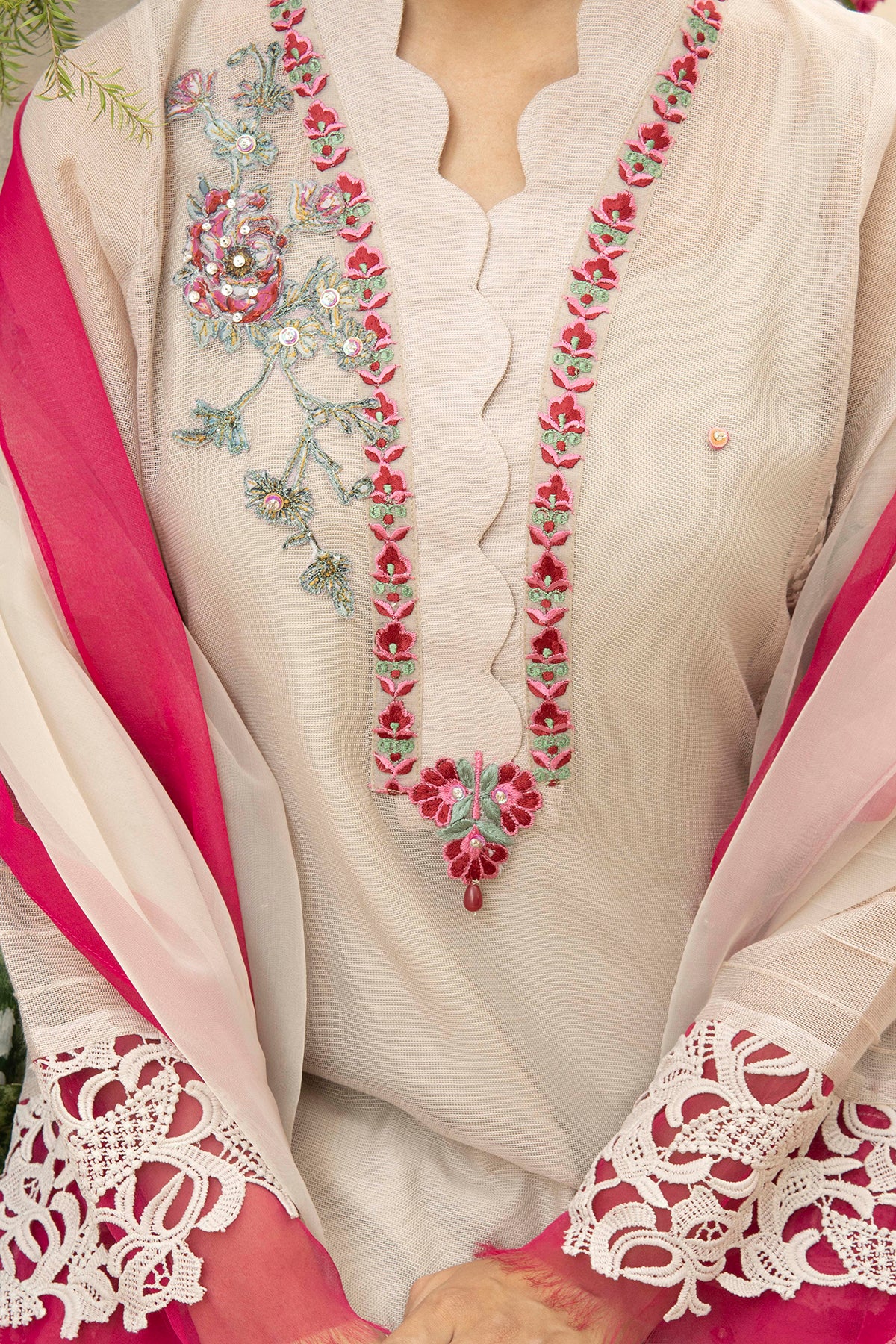 Beige Embroidered Cotton Net Salwar Kameez (3-Piece) - Image 5