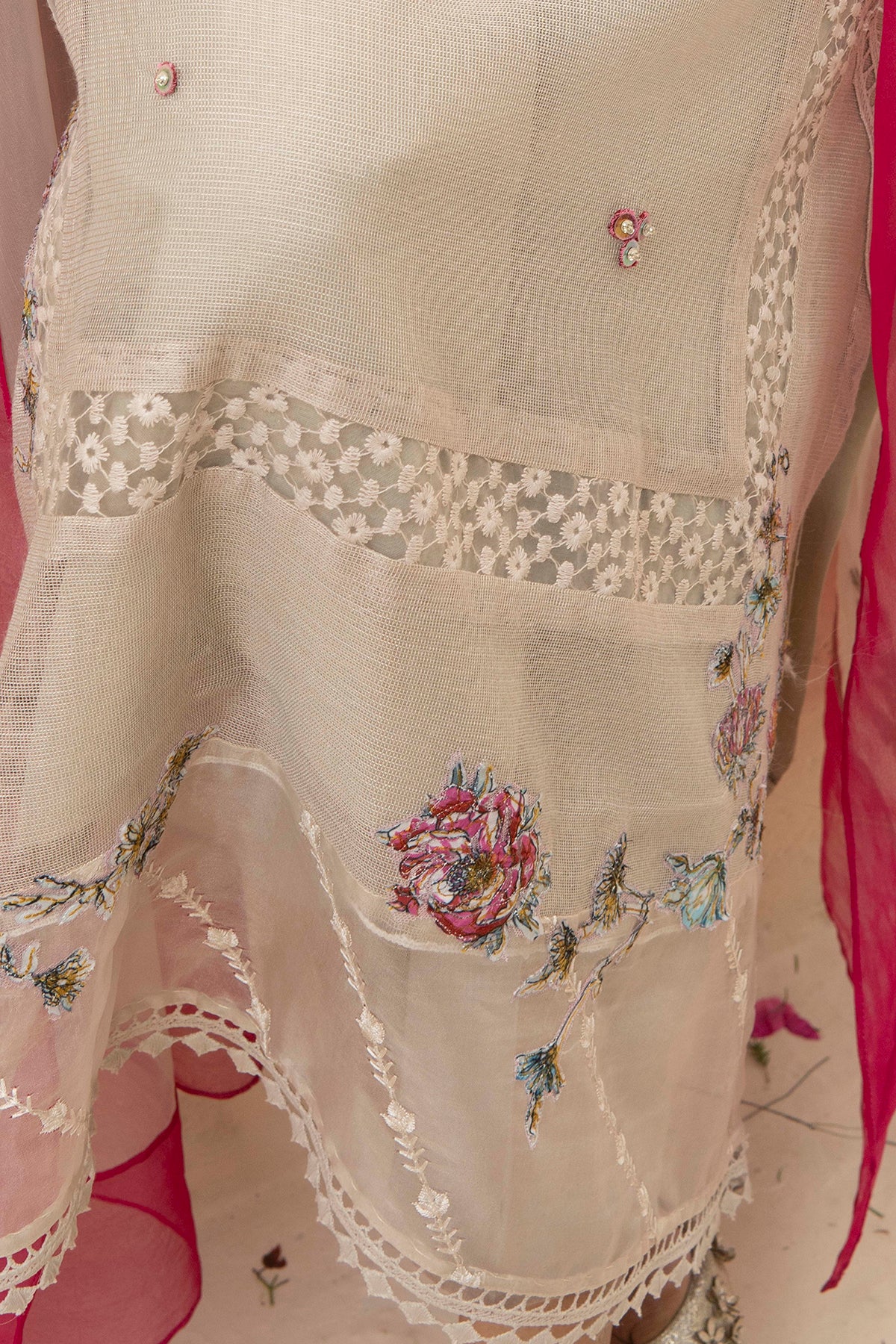 Beige Embroidered Cotton Net Salwar Kameez (3-Piece) - Image 6