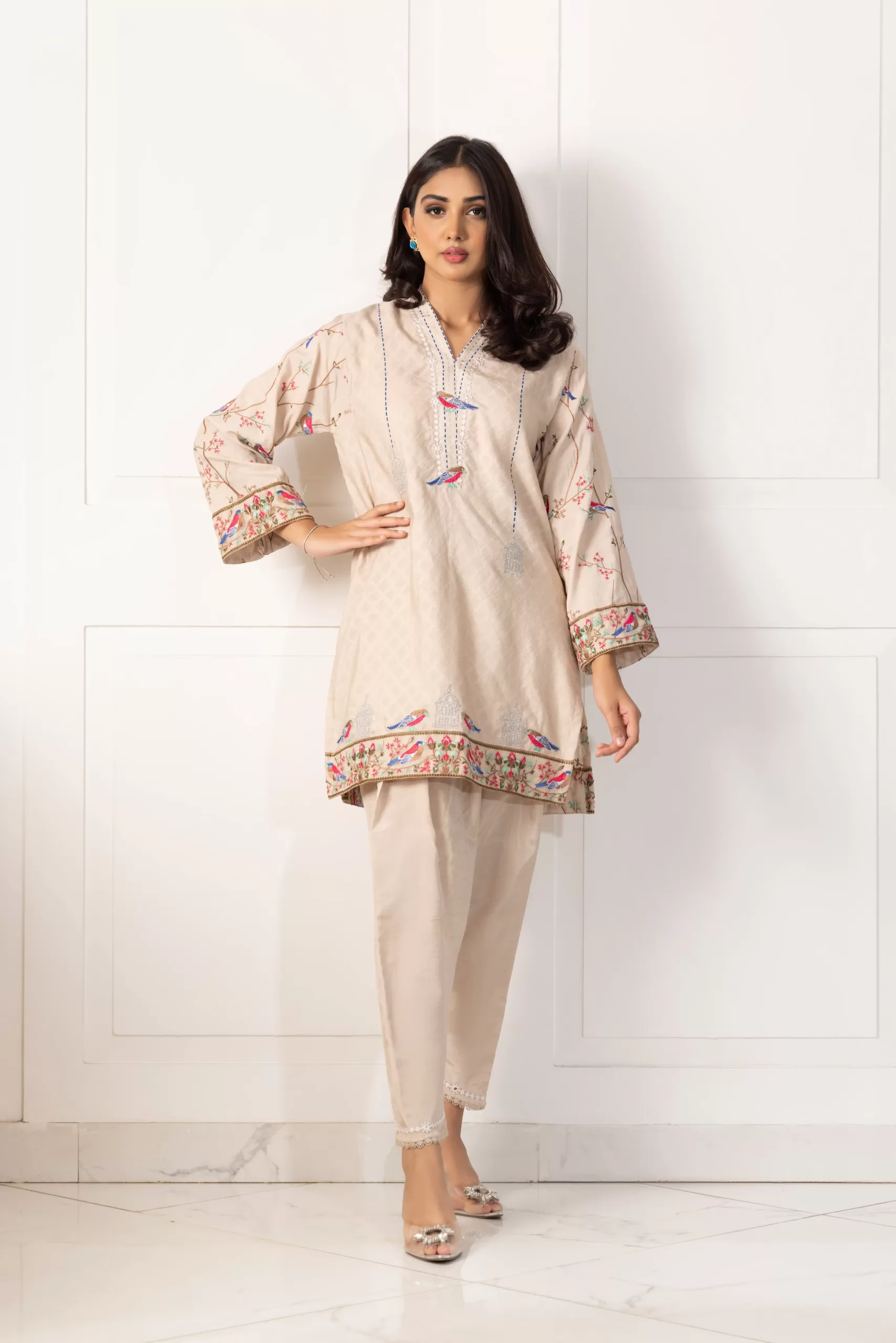 Pakistani Beige Embroidered Cotton Net Kurta Set (2-Piece) - Image 2