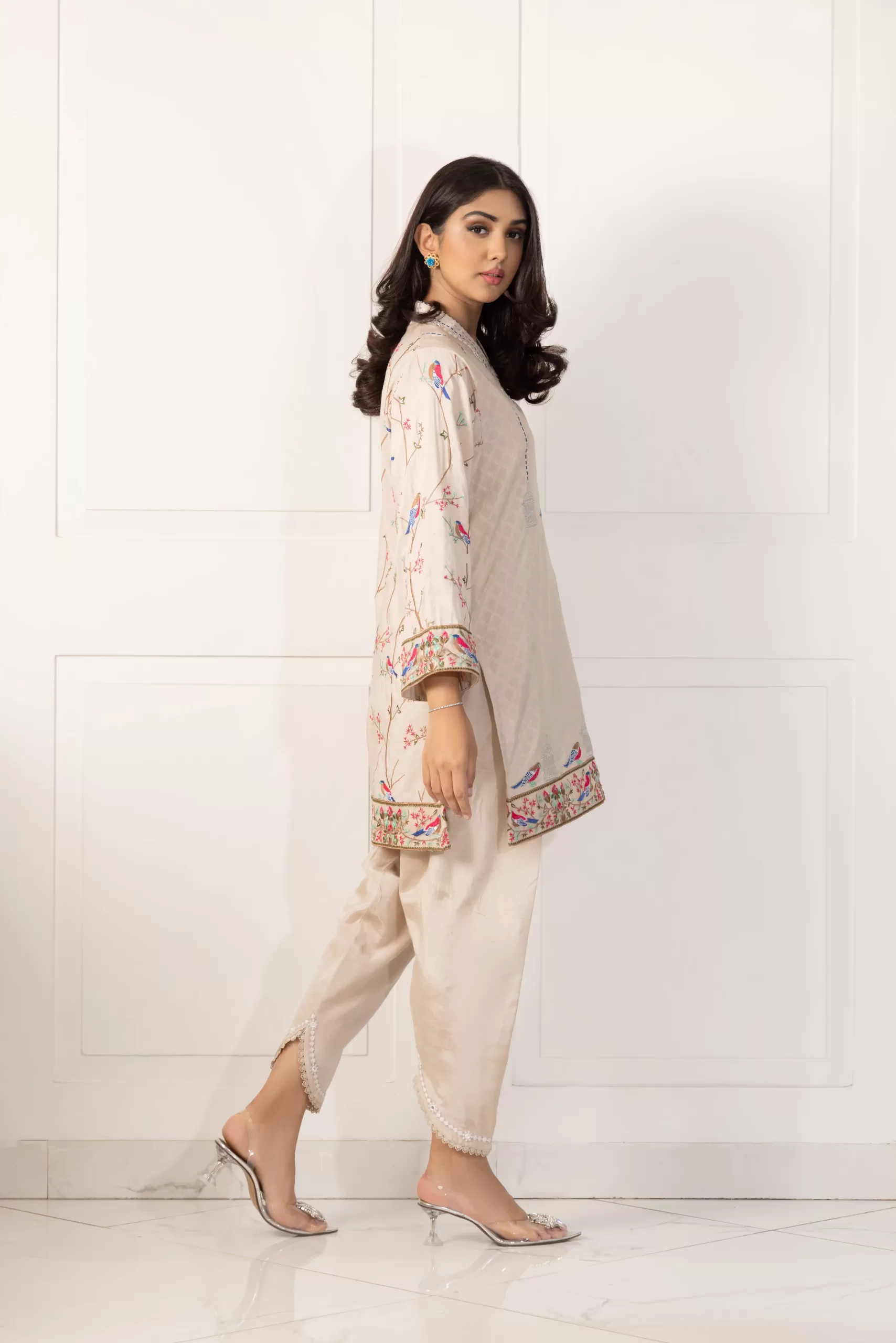 Pakistani Beige Embroidered Cotton Net Kurta Set (2-Piece) - Image 3