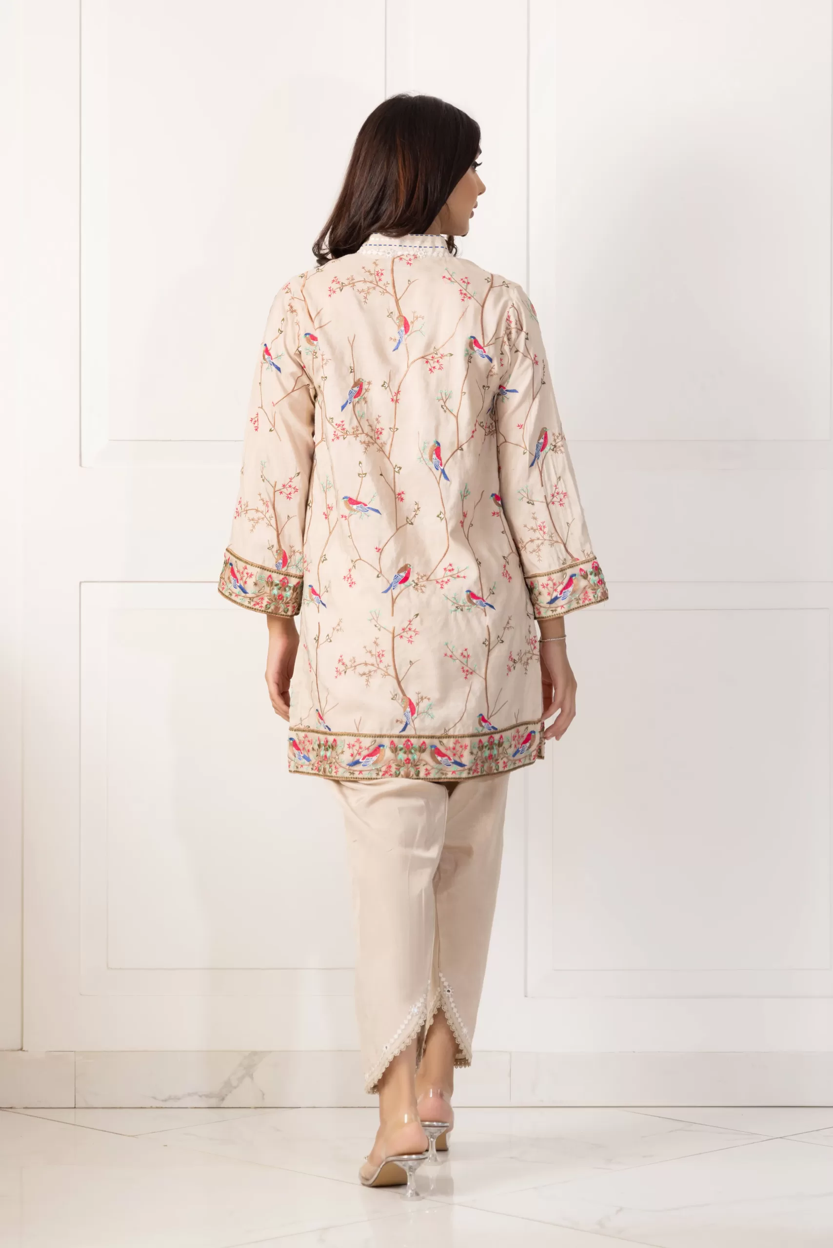 Pakistani Beige Embroidered Cotton Net Kurta Set (2-Piece) - Image 4