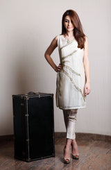 Beige Embroidered Cotton Net Salwar Kameez (2-Piece) - Image 2