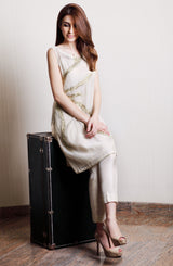 Beige Embroidered Cotton Net Salwar Kameez (2-Piece) - Image 4