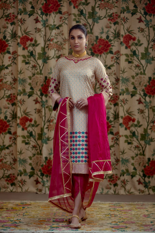 Pakistani Beige Hand Embellished Cotton Silk Salwar Kameez (3-Piece) - Image 1