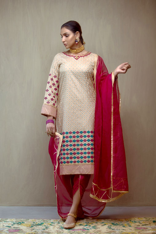 Pakistani Beige Hand Embellished Cotton Silk Salwar Kameez (3-Piece) - Image 3