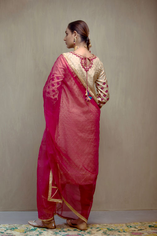 Pakistani Beige Hand Embellished Cotton Silk Salwar Kameez (3-Piece) - Image 4