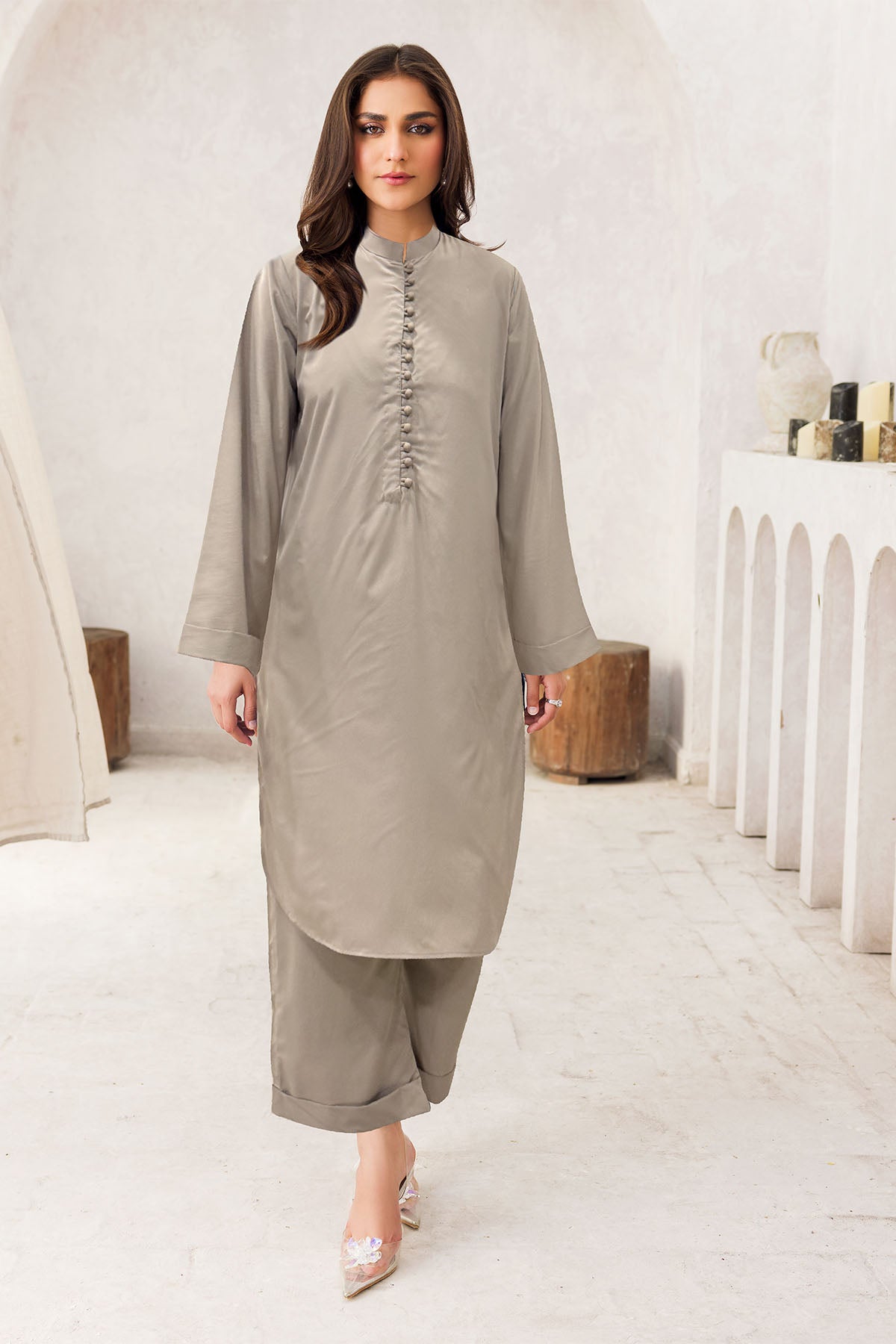 Pakistani Taupe Dyed Crepe Salwar Kameez (2-Piece) - Image 1