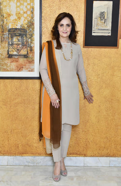 Beige Handstitched Georgette Chiffon Salwar Kameez (2-Piece) - Image 1