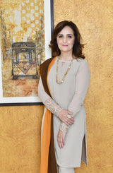 Beige Handstitched Georgette Chiffon Salwar Kameez (2-Piece) - Image 3