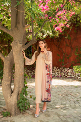 Beige Organza Floral Georgette Chiffon Salwar Kameez (3-Piece) - Image 6