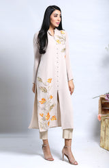 Pakistani Sandy Beige Floral Embroidered Georgette Chiffon Tunic (1-Pc) - Image 3