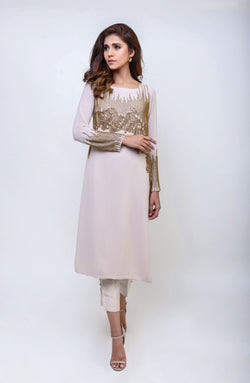 Pakistani Clay Beige Hand-Beaded Georgette Tunic (2-Piece) - Image 1