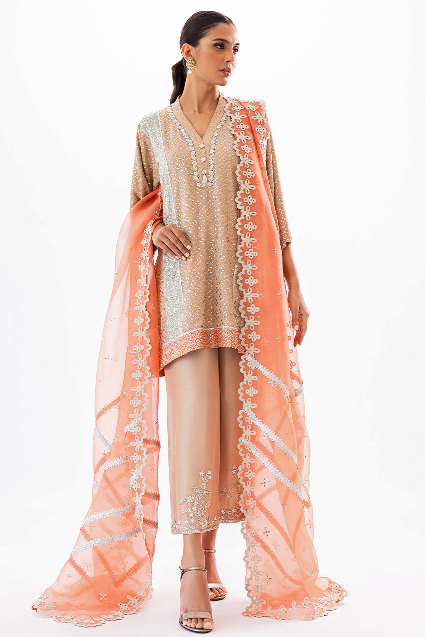 Honey Beige Kamdani Georgette Kurta Set (3-Piece) - Image 1