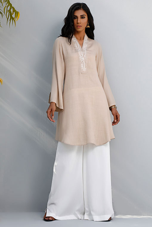 Beige Resham Kamdani Linen Salwar Kameez (2-Piece) - Image 1