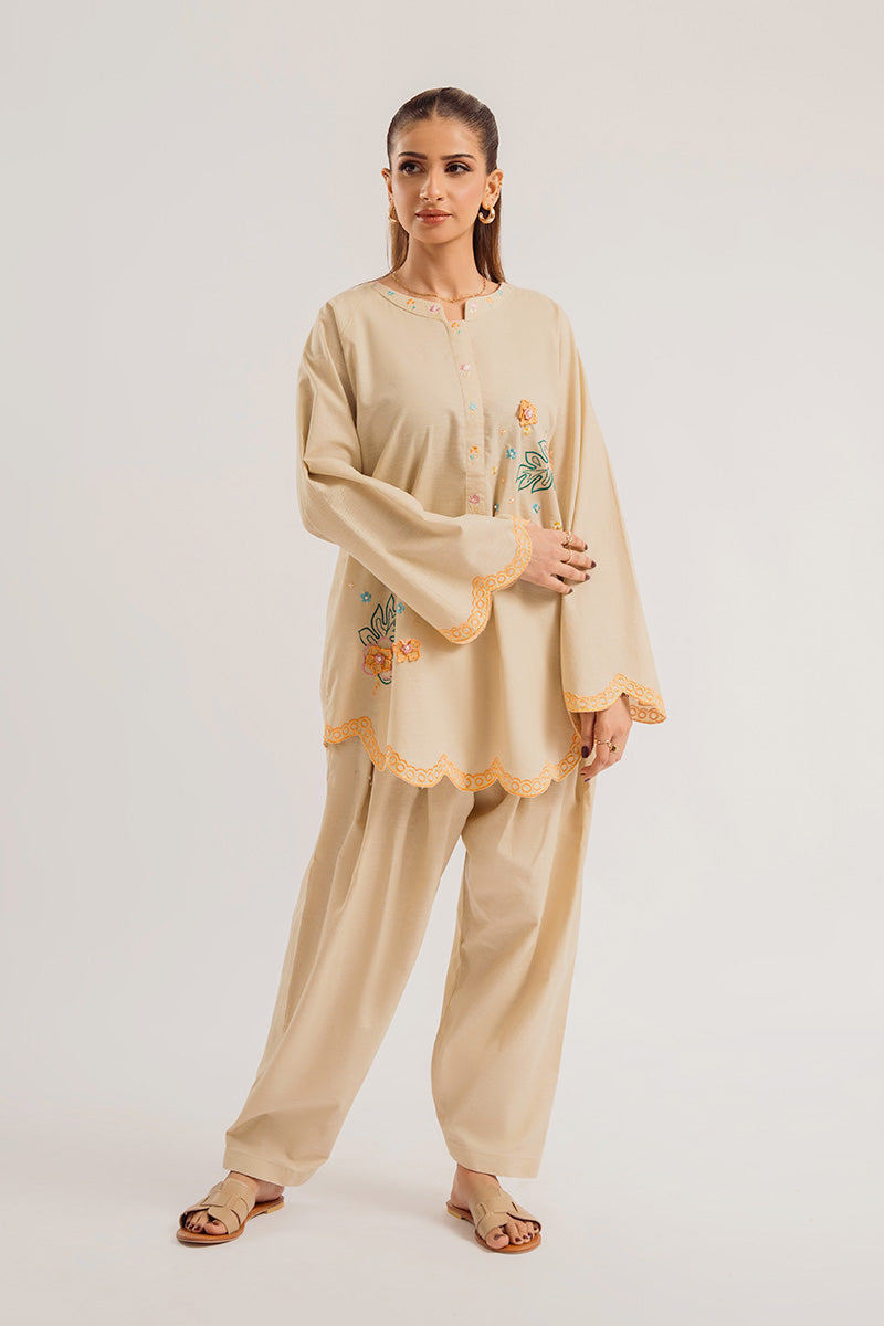 Pakistani Beige Embroidered Irish Cotton Salwar Kameez (2-Piece) - Image 1