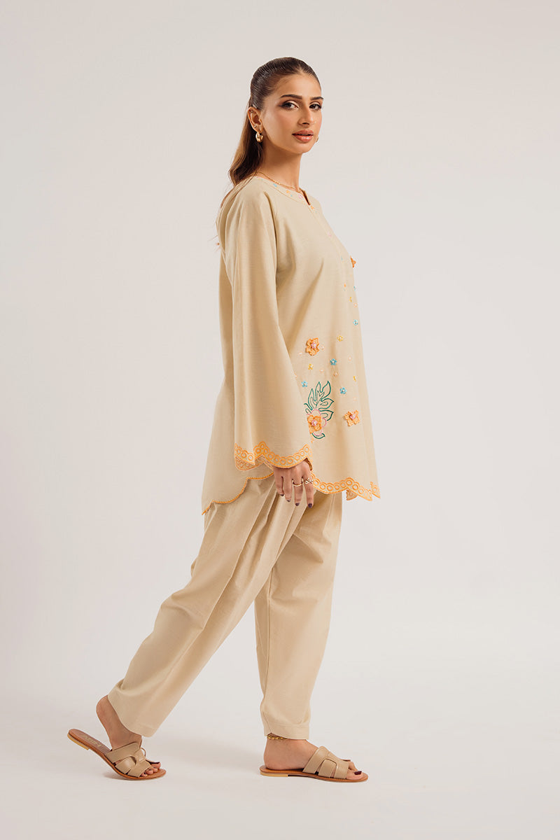 Pakistani Beige Embroidered Irish Cotton Salwar Kameez (2-Piece) - Image 2