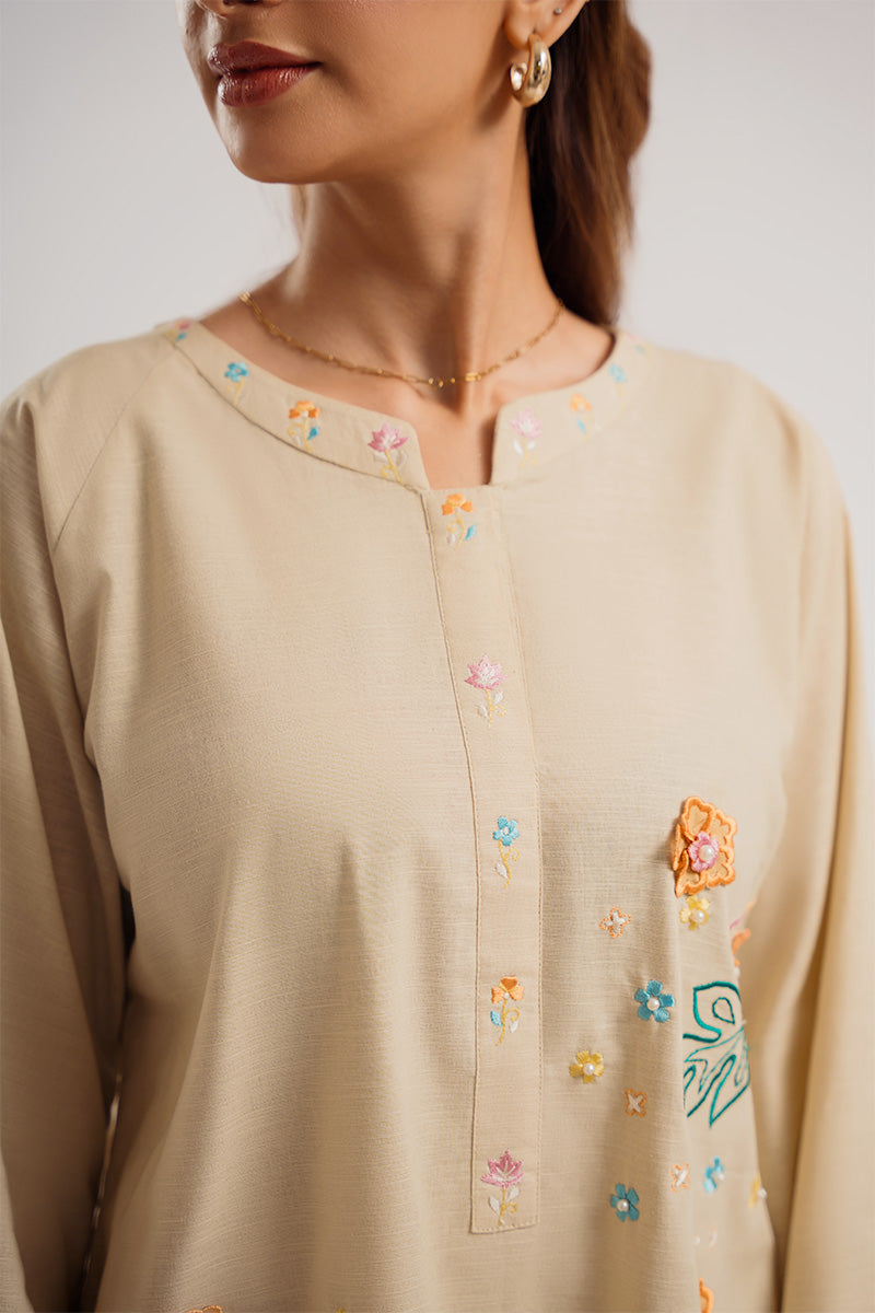 Pakistani Beige Embroidered Irish Cotton Salwar Kameez (2-Piece) - Image 3