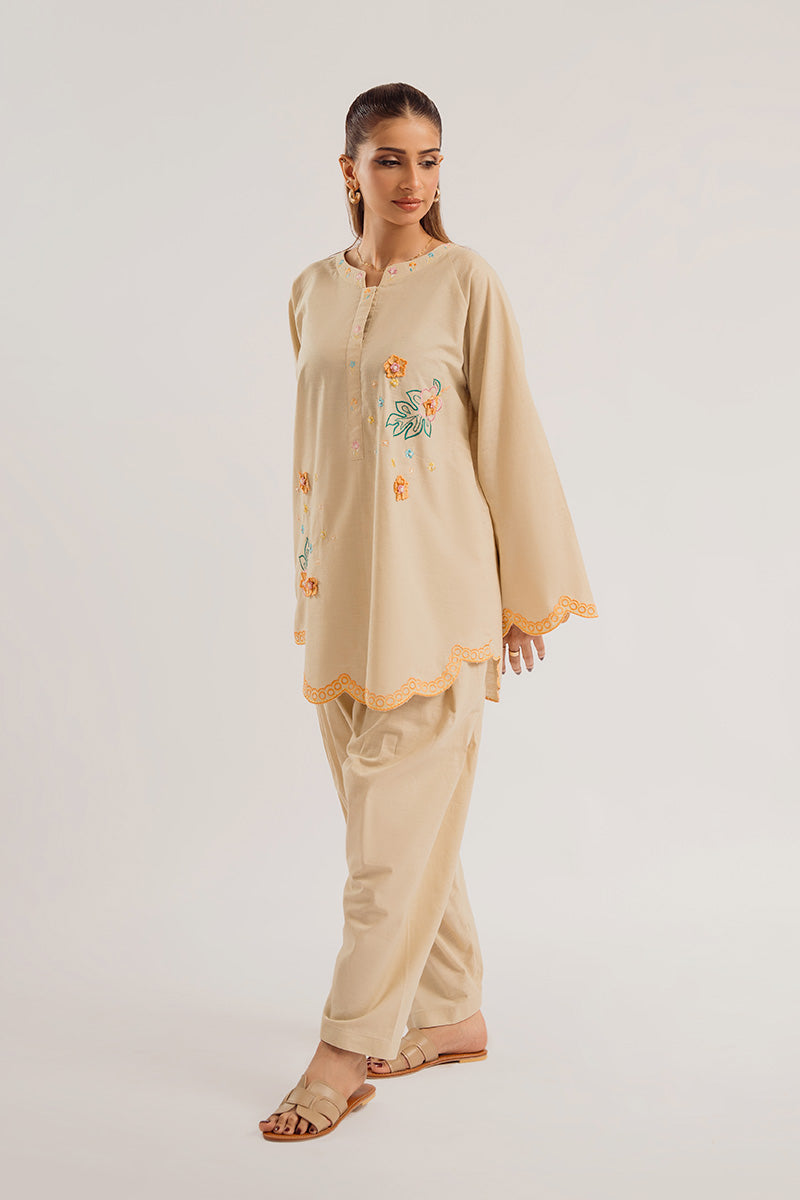 Pakistani Beige Embroidered Irish Cotton Salwar Kameez (2-Piece) - Image 4