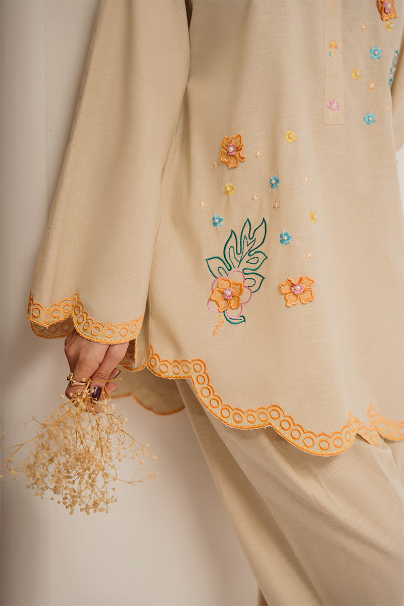 Pakistani Beige Embroidered Irish Cotton Salwar Kameez (2-Piece) - Image 5