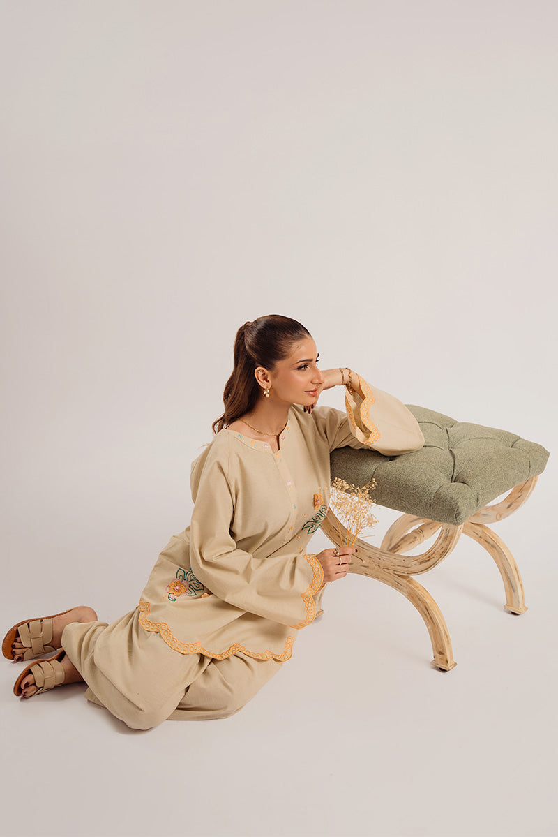 Pakistani Beige Embroidered Irish Cotton Salwar Kameez (2-Piece) - Image 6