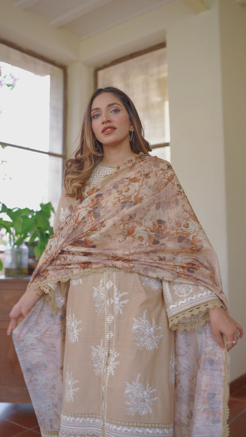 Pakistani Warm Sand Embroidered Jacquard Lawn Salwar Kameez (3-Piece) - Image 2
