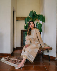 Pakistani Warm Sand Embroidered Jacquard Lawn Salwar Kameez (3-Piece) - Image 3