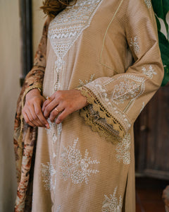 Pakistani Warm Sand Embroidered Jacquard Lawn Salwar Kameez (3-Piece) - Image 4