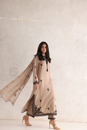 Pakistani Beige Aari Embroidered Pure Karandi Salwar Kameez (3-Piece) - Image 2