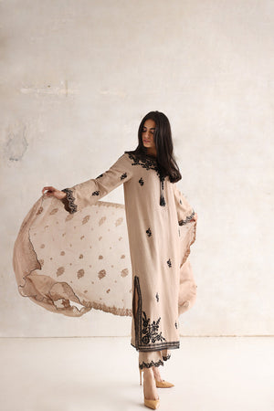 Pakistani Beige Aari Embroidered Pure Karandi Salwar Kameez (3-Piece) - Image 4