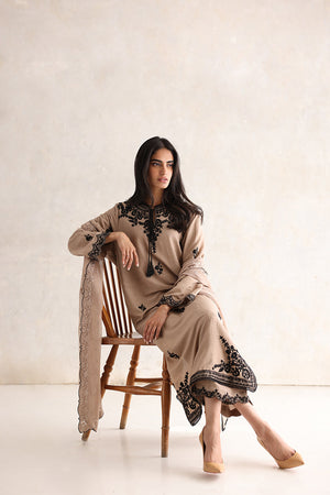 Pakistani Beige Aari Embroidered Pure Karandi Salwar Kameez (3-Piece) - Image 5