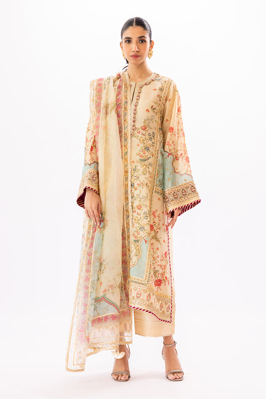 Pakistani Warm Beige Handworked Khaddi Silk Salwar Kameez (3-Piece) - Image 1
