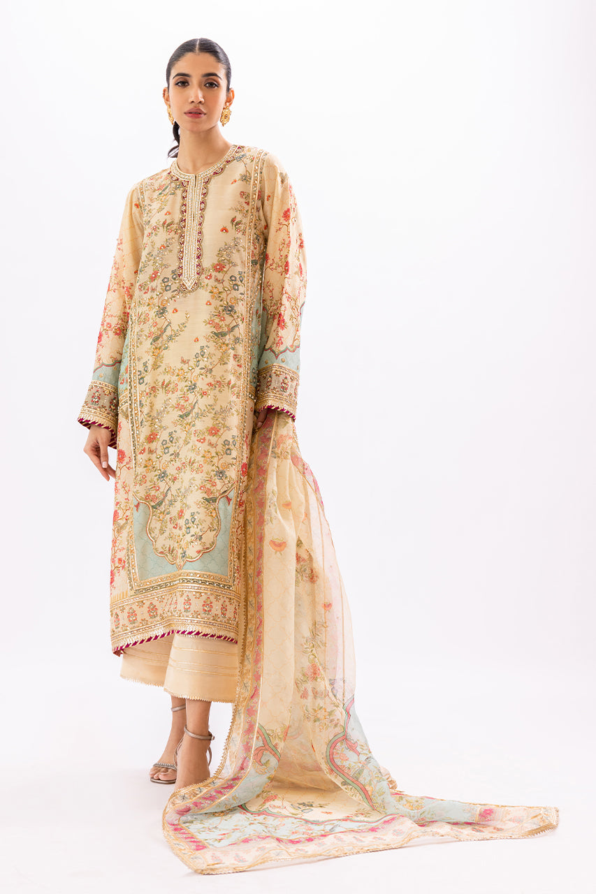 Pakistani Warm Beige Handworked Khaddi Silk Salwar Kameez (3-Piece) - Image 2