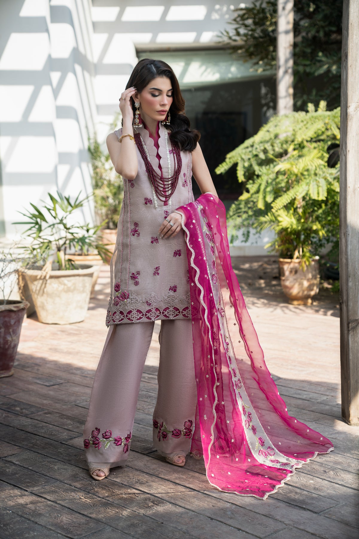 Pakistani Beige Magenta Embroidered Khadi Net Salwar Kameez (3-Piece) - Image 1