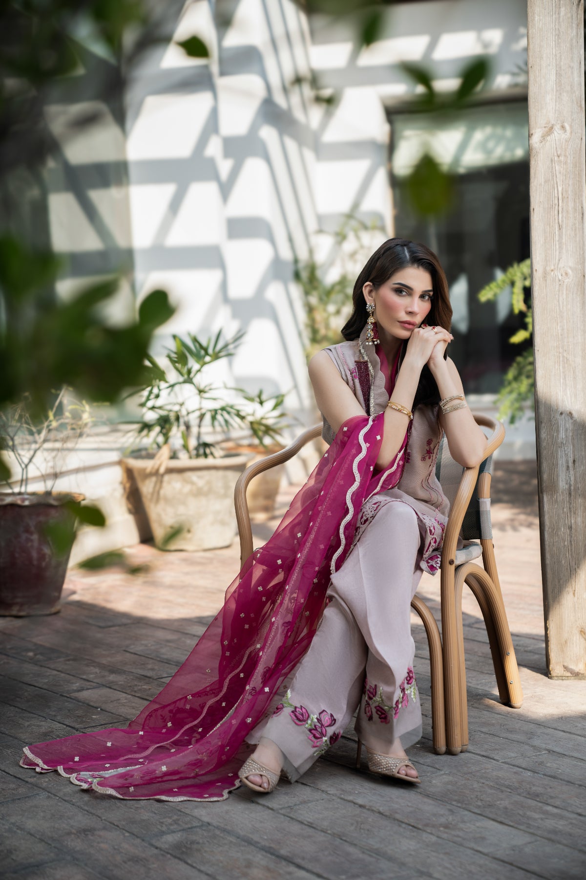 Pakistani Beige Magenta Embroidered Khadi Net Salwar Kameez (3-Piece) - Image 3