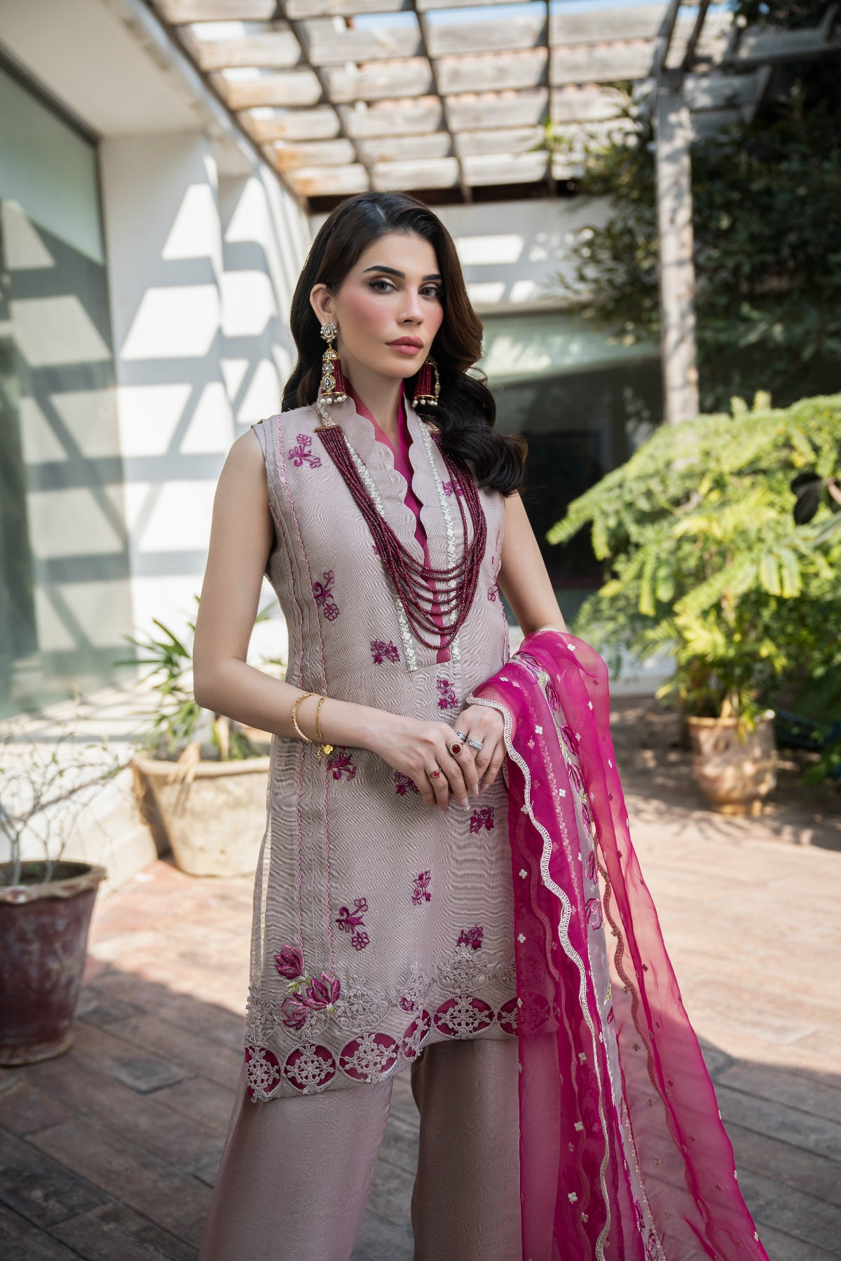 Pakistani Beige Magenta Embroidered Khadi Net Salwar Kameez (3-Piece) - Image 6